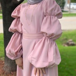 Pink Lantern Sleeve Belted Dress